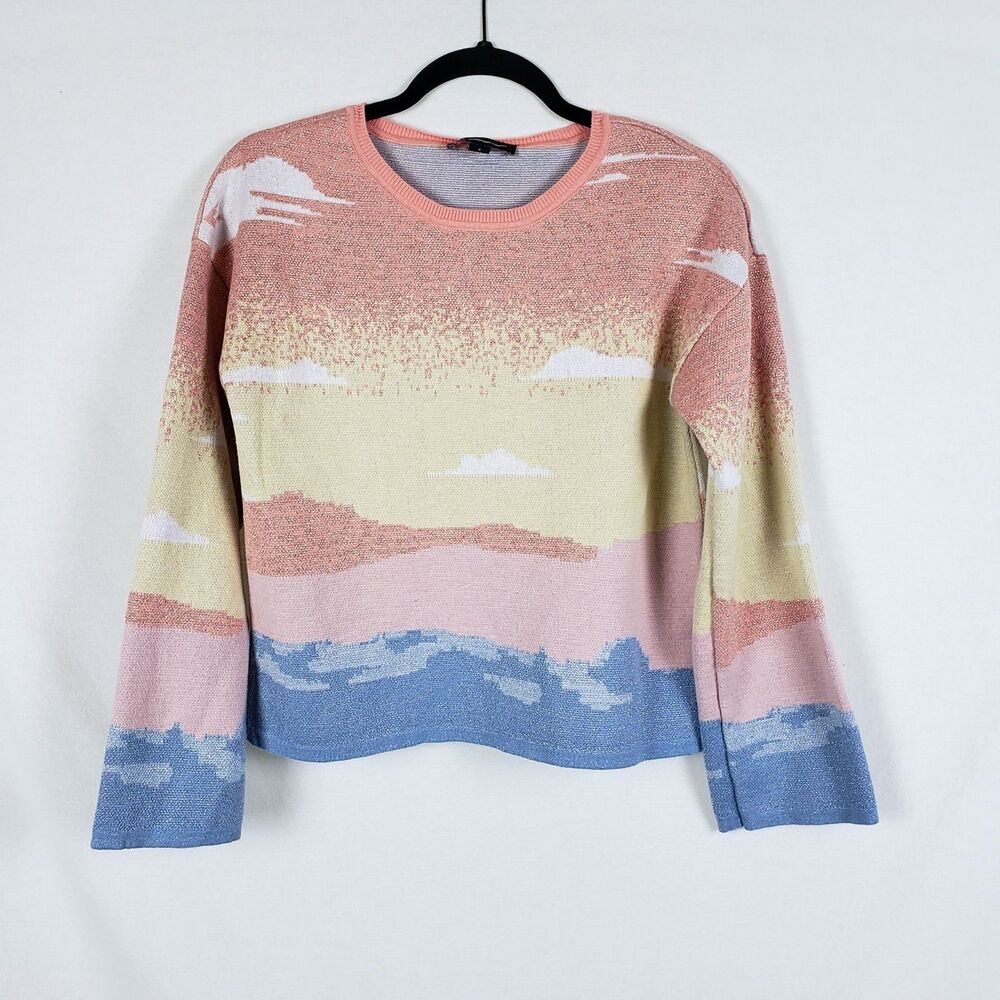 INC International Concepts Art-to-Wear Scenic Sunset Sweater Womens S Shimmer